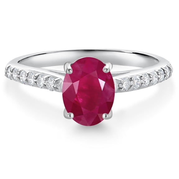 Gem Stone King 10K White Gold Red Ruby and White Lab Grown Diamond Engagement Ring for Women (1.78 Cttw, Oval 8X6MM, Gemstone July Birthstone, Size 8)