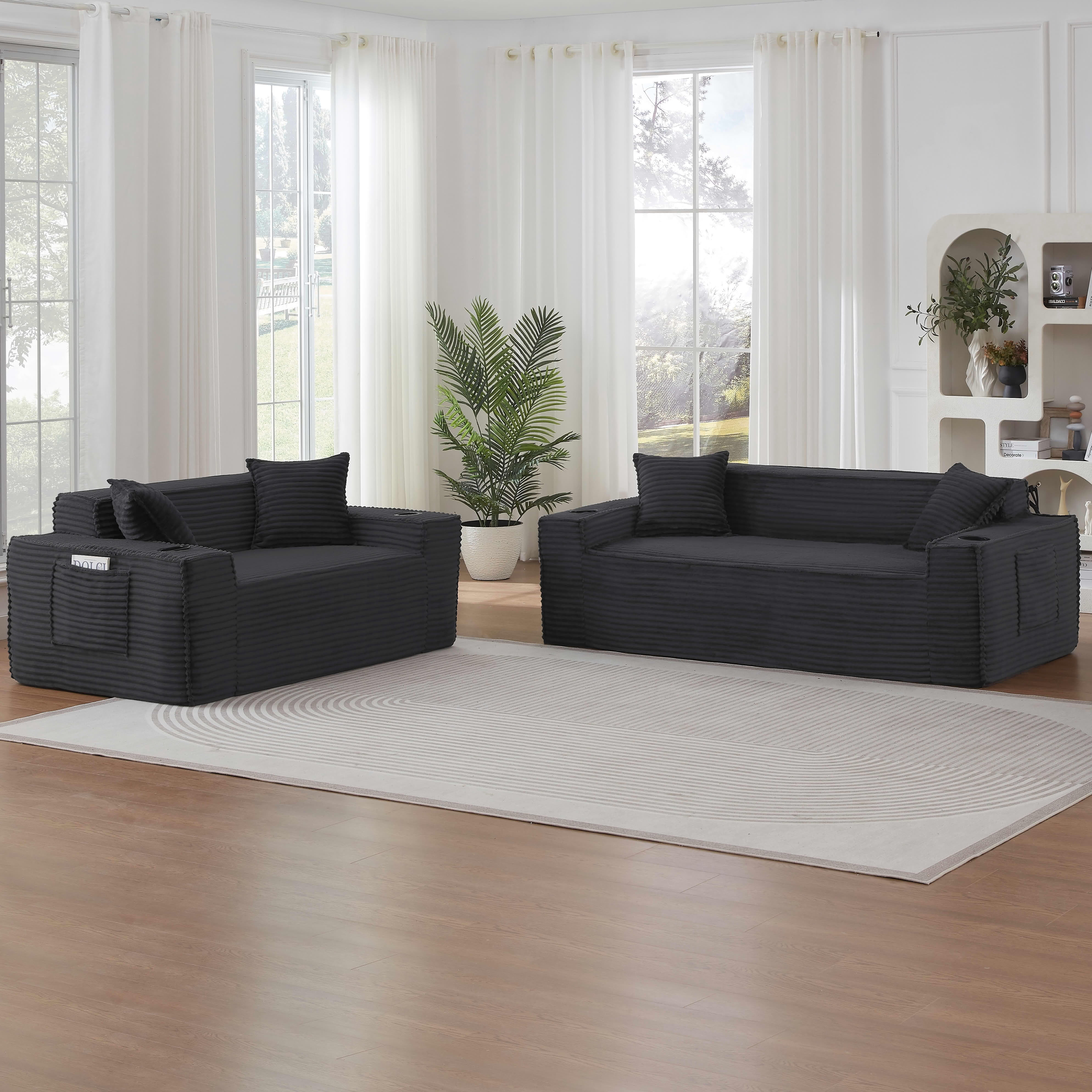 MAYEERTY Modern Minimalist Corduroy Couch with Side Pockets & Cup Holders, Space-saving for Apartments/Offices, Gray