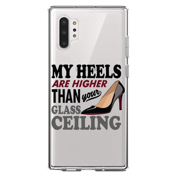 DistinctInk Clear Shockproof Hybrid Case for Galaxy Note 10 PLUS (6.8" Screen) - TPU Bumper Acrylic Back Tempered Glass Screen Protector - My Heels Are Higher Than Your Glass Ceiling