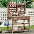 thumbnail image 2 of HMSHA 64.9"H Outdoor Potting Bench Table with Lockable Wheels,Solid Wood Outdoor Kitchen Island with Upper Hutch,Stainless Steel Top,Towel Rack ,Outdoor Storage for Grilling,Lawn Garden-Brown, 2 of 11