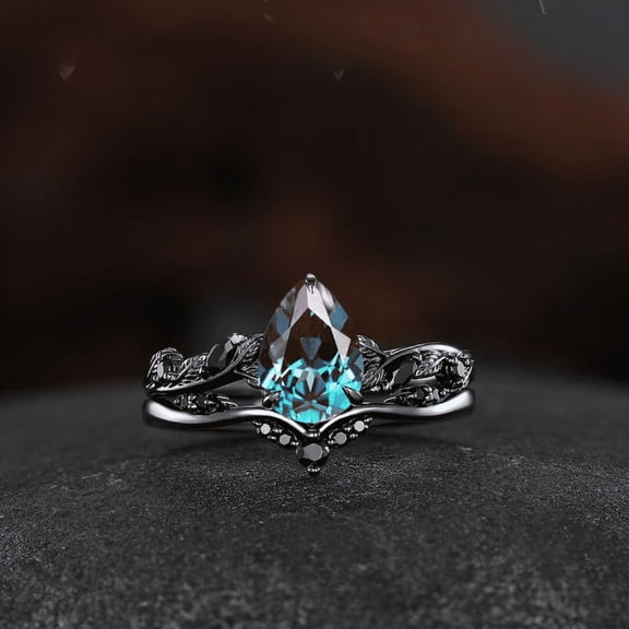 Alexandrite Engagement Ring- Leaf Inspired Bridal Set in 14K Black Gold Vermeil- Gothic Black Diamond Ring Wedding Rings For Her