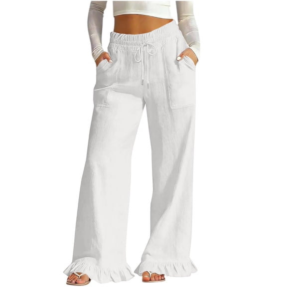 Cotton Linen Pants for Women High Waist Drawstring Ruffle Hem Wide Leg Pants Casual Vacation Trousers with Pockets