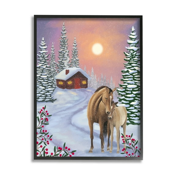 Stupell Industries Holiday Horses Winter Scene Holiday Painting Black Framed Art Print Wall Art