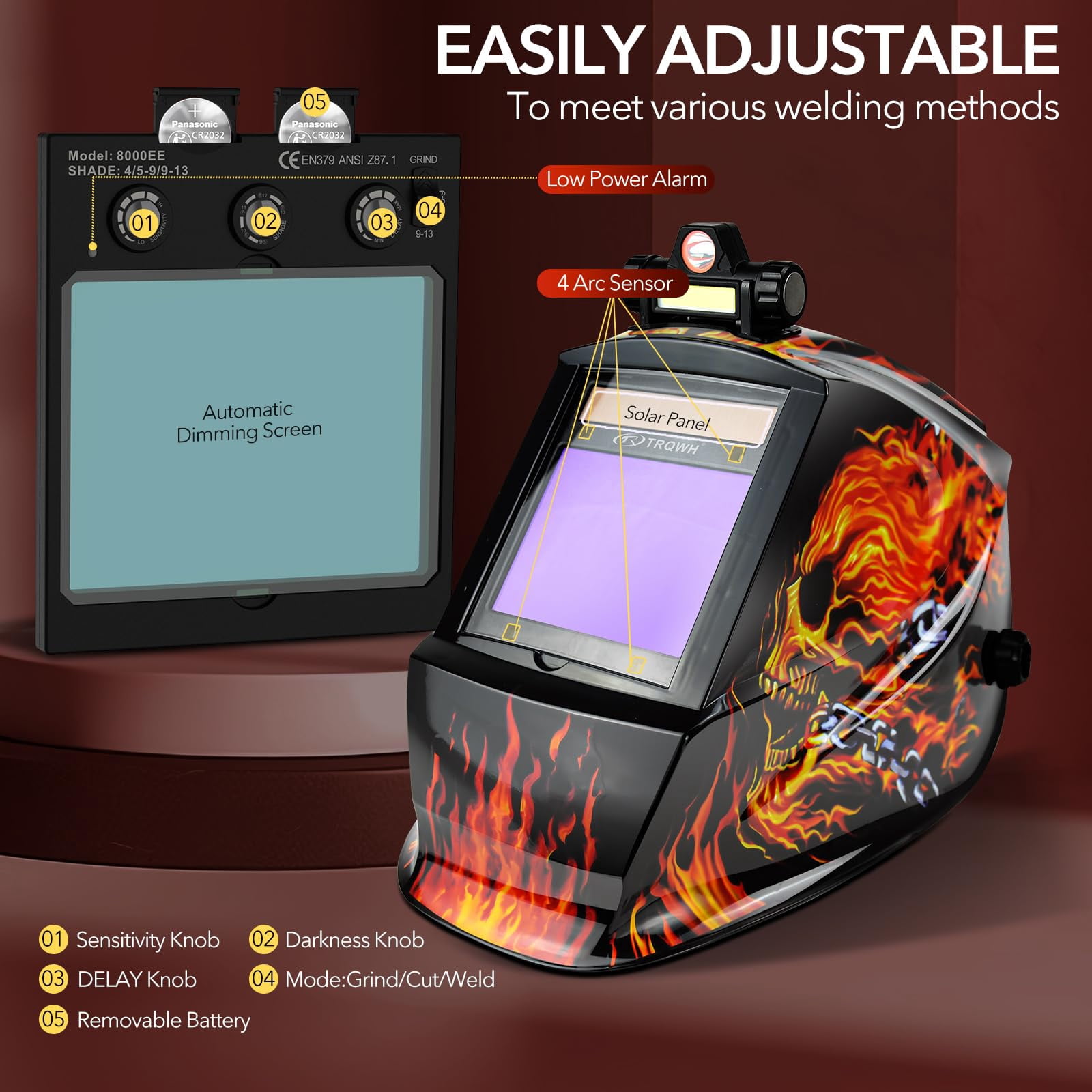 Welding Helmet Auto Darkening with LED Light Large View Solar Powered True Color Welding Hood 4 Arc Sensor Wide Shade 4/5-9/9-13 Welding Mask for TIG MIG Arc Weld Grinding