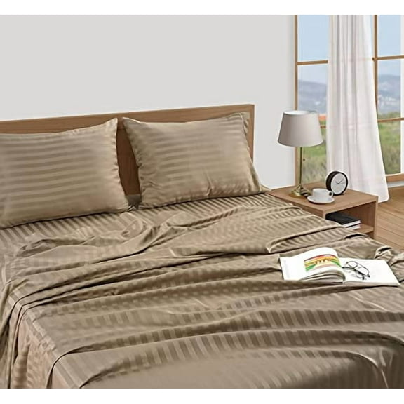 Egyptian Cotton Queen Sleeper Sofa Bed Sheet Set 62"x74"x6" Taupe Striped