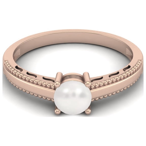 0.50 Cts Round Pearl 925 Sterling Silver Rose Vermeil Solitaire Beaded Shank Engagement Anniversary Women Mother's Day Gift Ring