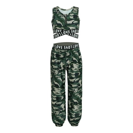 RUNQHUI Kids Girls Crop Top Bra Vest with Sweatpants Workout Set Summer Tracksuit Dance Yoga Sports Camouflage Green 14