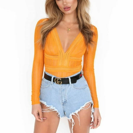 

Womens Long Sleeve V-neck Bodysuit Jumpsuit Lace Romper Leotard Tops Lingerie
