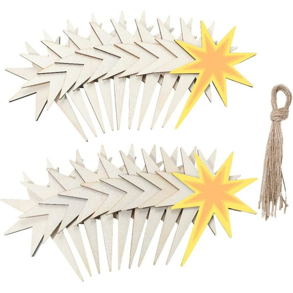 40Pcs Star Shaped Wooden Cutouts Wooden Hanging Tags with 40Pcs Cords Blank Bethlehem Stars White Unfinished Piece Ornaments Sets for DIY Painting Project Party Tree Art Decoration