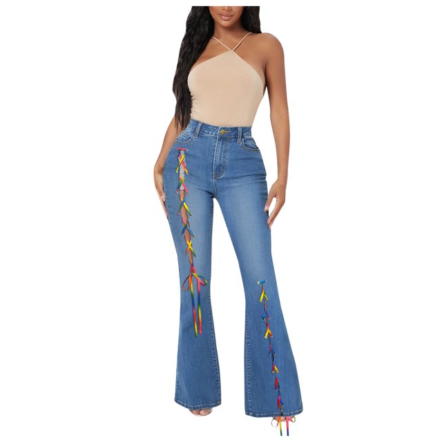 Denim Pantalones con botones para mujer, pantalones con microagujero, pantalones ajustados, pantalones de cintura alta para mujer (Dark Azul, S)