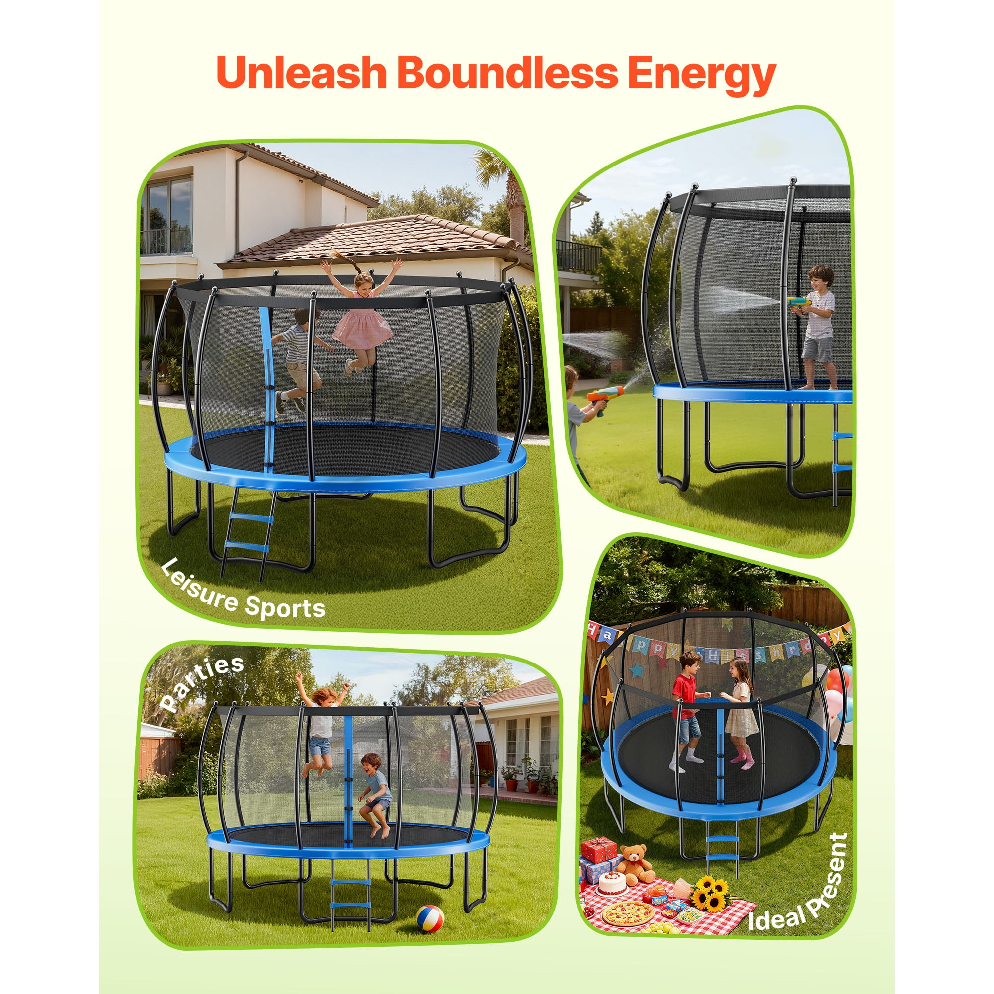 KFFKFF 16FT Outdoor Recreational Trampoline with Safety Enclosure Net, Durable Padding, ASTM Certified, Supports Up to 475 lbs, Rust-Resistant Design for Backyard Fun