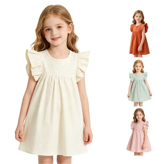 WhouRiu Girls Solid Color Dresses Sleeveless Flutter Sleeve Crew Neck A Line Dress Kids Comfortable Cute Everyday Sundress,6-7 Years