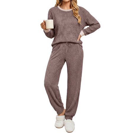 UVN Womens Pajama Set Two Piece Color Block Long Sleeve Top and Long Pants Ladies Fall Matching Oufits Casual Loungewear