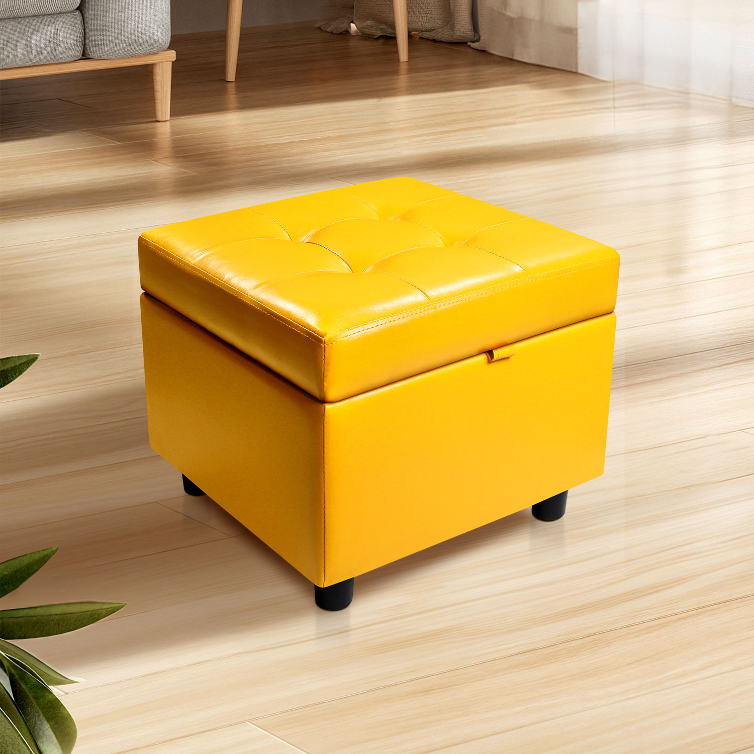 H&B Luxuries Tufted Leather Square Flip Top Storage Ottoman Cube Foot Rest (Yellow with Storage)