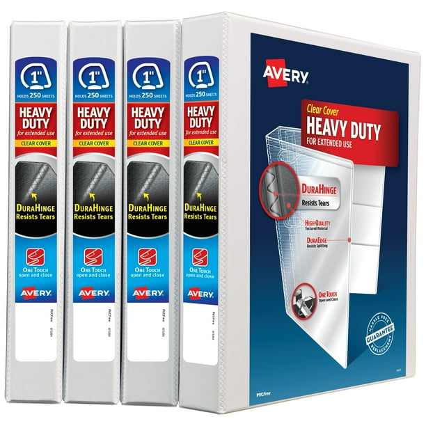 Avery HeavyDuty View 3 Ring Binders, 1" One Touch Slant Rings, 4 White