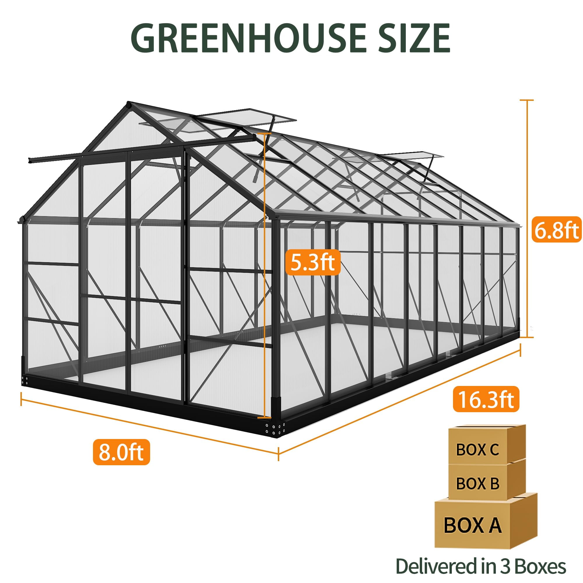 8x16 FT Greenhouse Outdoor, Akaber Walk-in Garden Greenhouse with Polycarbonate Panels, Aluminum Frame Windproof Greenhouses for Outside