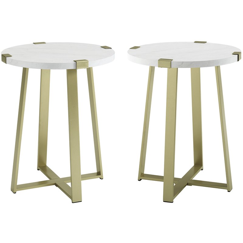 Modern Industrial Metal Wrap End Table Set in Faux White Marble/Gold