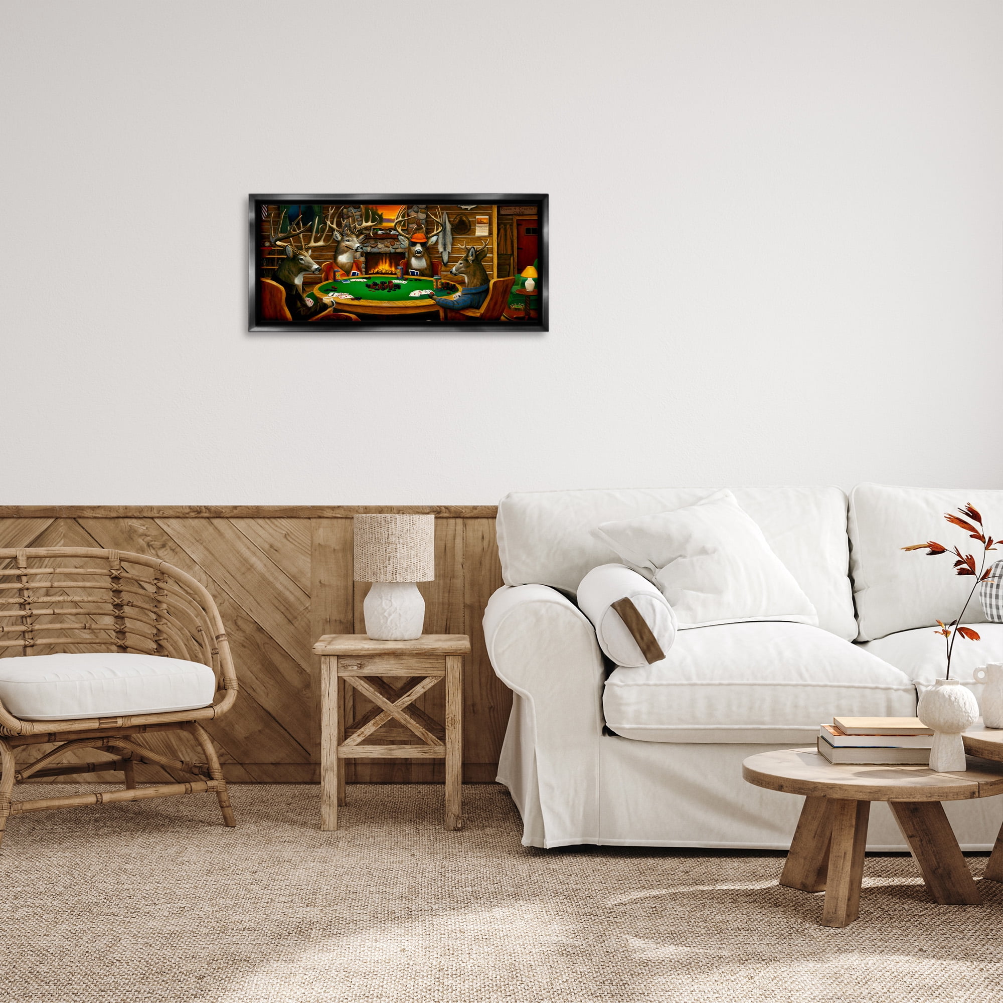 Stupell Industries Deer Playing Poker in Lodge Animals & Insects Painting Black Floater Framed Canvas Art Print Wall Art, 25 x 11