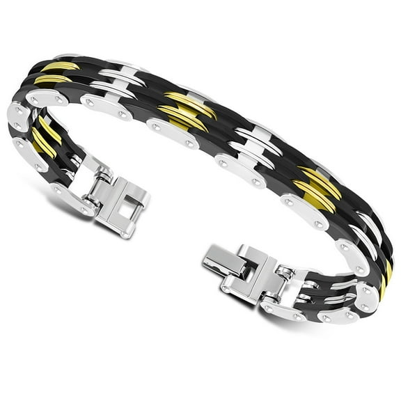 Stainless Steel Silver-Tone Black Gold-Tone Men's Bracelet, 8"
