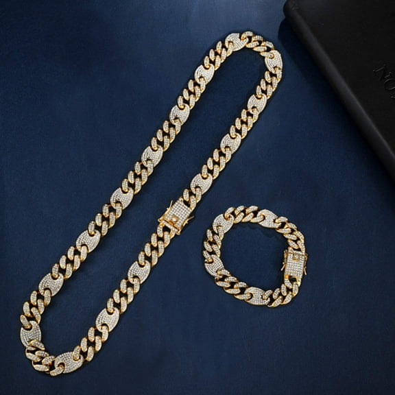 Puff Mariner Cuban Link Hip Hop Iced Out Mixed Piece Jewelry Sets, Gold Plated, Necklace Bracelet, Model #213