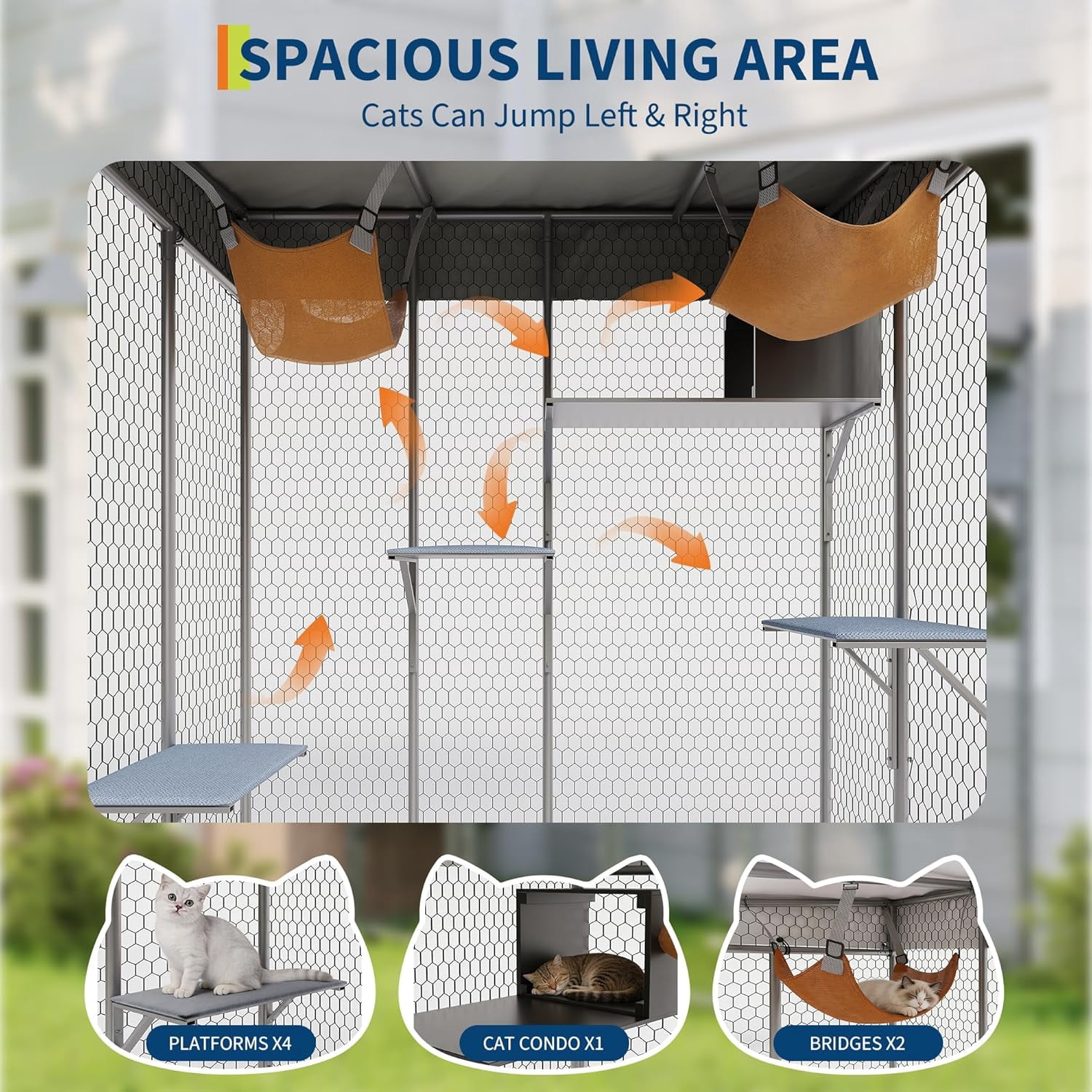 QinaQin Large Catio Outdoor Cat Enclosure,Extra Large Walk-in Cat Patio for Multiple Cats, Outdoor Catio with Waterproof Cover, Hammock, Resting Box and 4 Platforms,Light Grey
