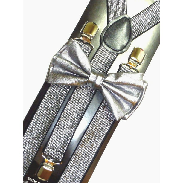 New Metallic Silver Bow Tie & Matching Suspender Tuxedo Wedding ...