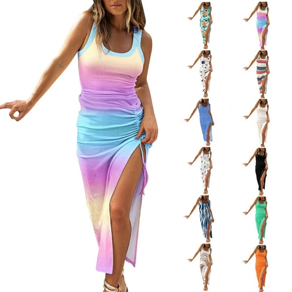 Dyegold Womens Bodycon Dresses Sexy Side Drawstring Slit Ruched Summer Club Party Midi Dress Casual Sleeveless Tight Dress