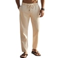 thumbnail image 3 of Men's Simple Casual Elastic Waist Drawstring Straight Leg Linen Pants Khaki XL, 3 of 10