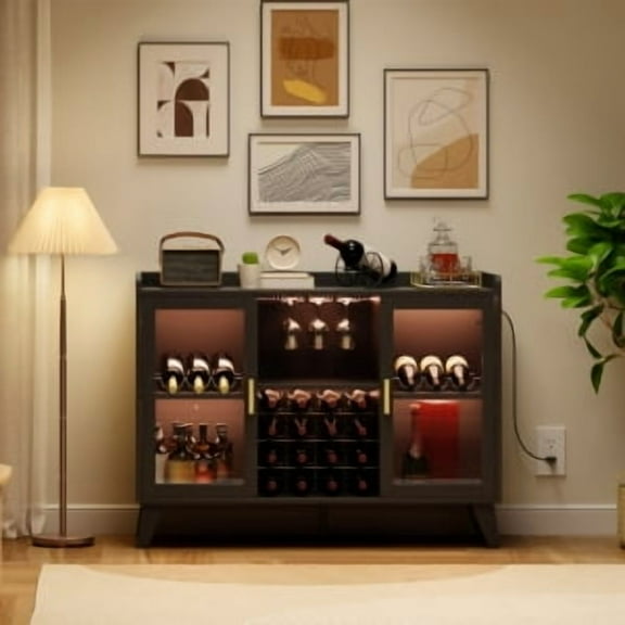 Farmhouse Wine Bar Cabinet with LED Lights, Home Coffee Bar Cabinet with Wine Racks and Glass Holders, Modern Buffet Sideboard with Acrylic Doors and Drawer for Dining Room, Bar, Living Room, Black