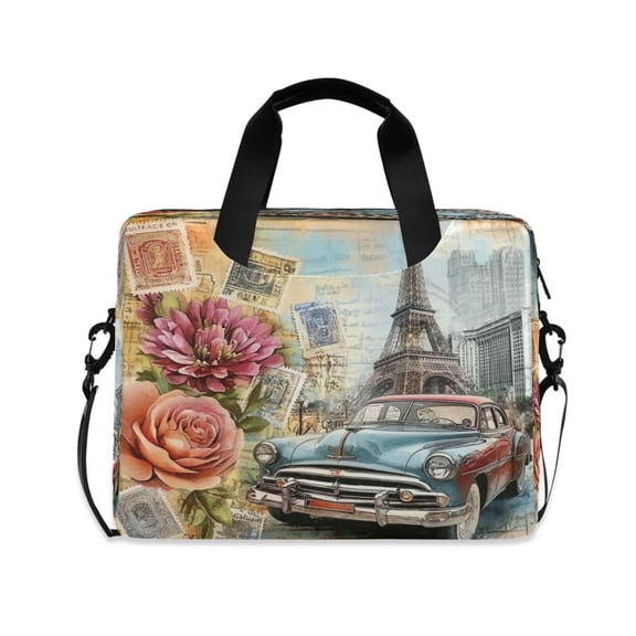 16inch Laptop Briefcase, Business Laptop Bag with Detachable Strap & Padded Compartment, Water-Resistant Polyester,Flowers and Car