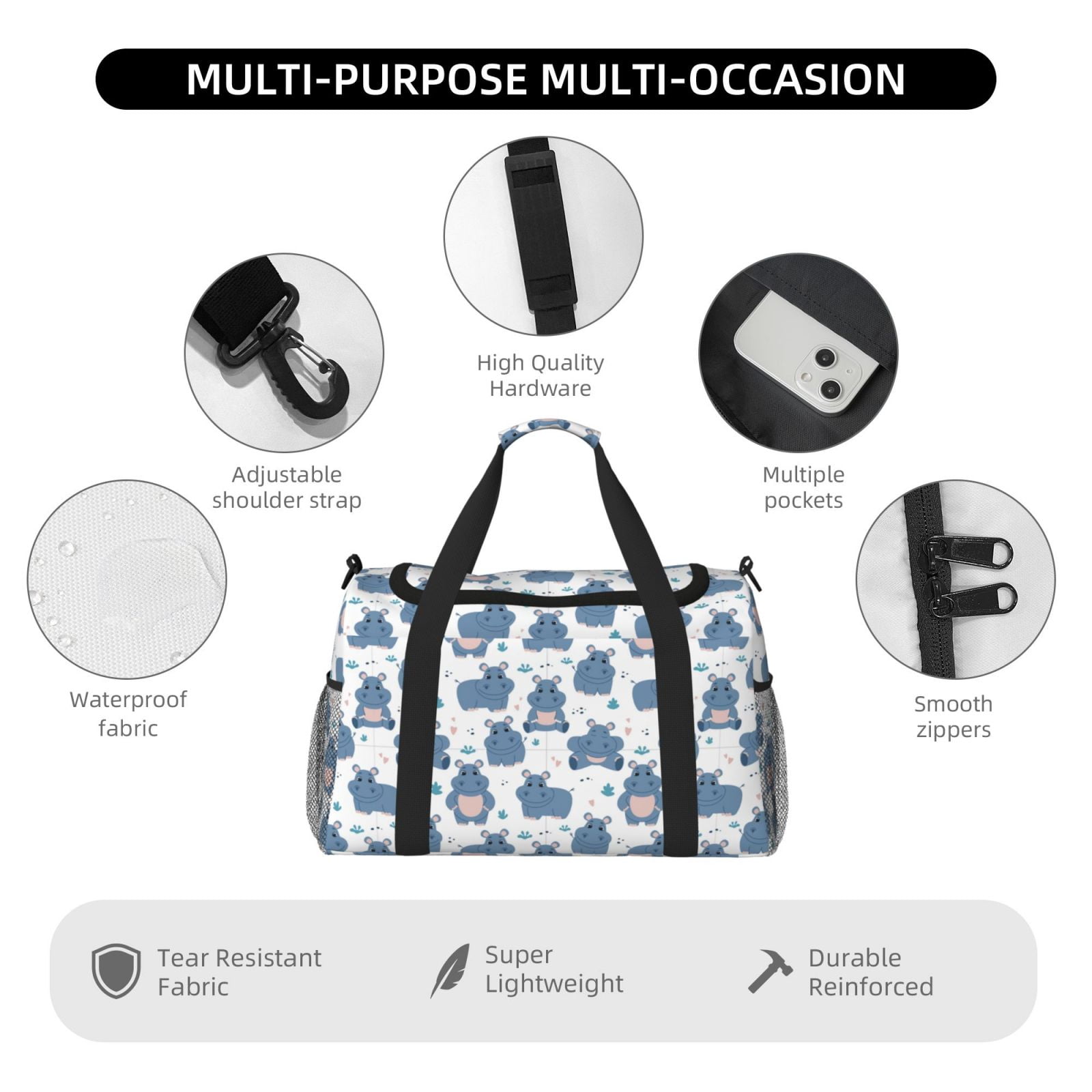 Horeoi Cute Hippos for Travel Duffle Bag with Adjustable Strap - Large Capacity Hand Carry for Gym Sports Outdoor