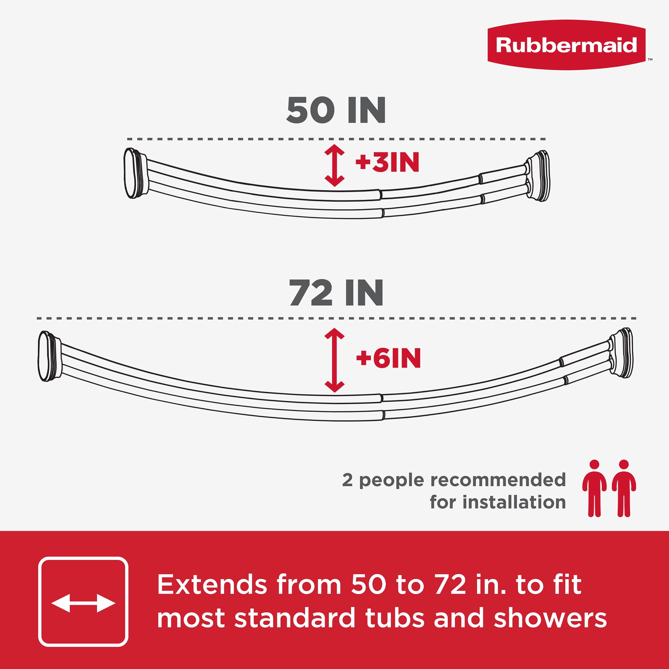 Rubbermaid No Drill Adjustable Tension Double Curved Shower Curtain Rod, Rustproof, 50" - 72", Nickel