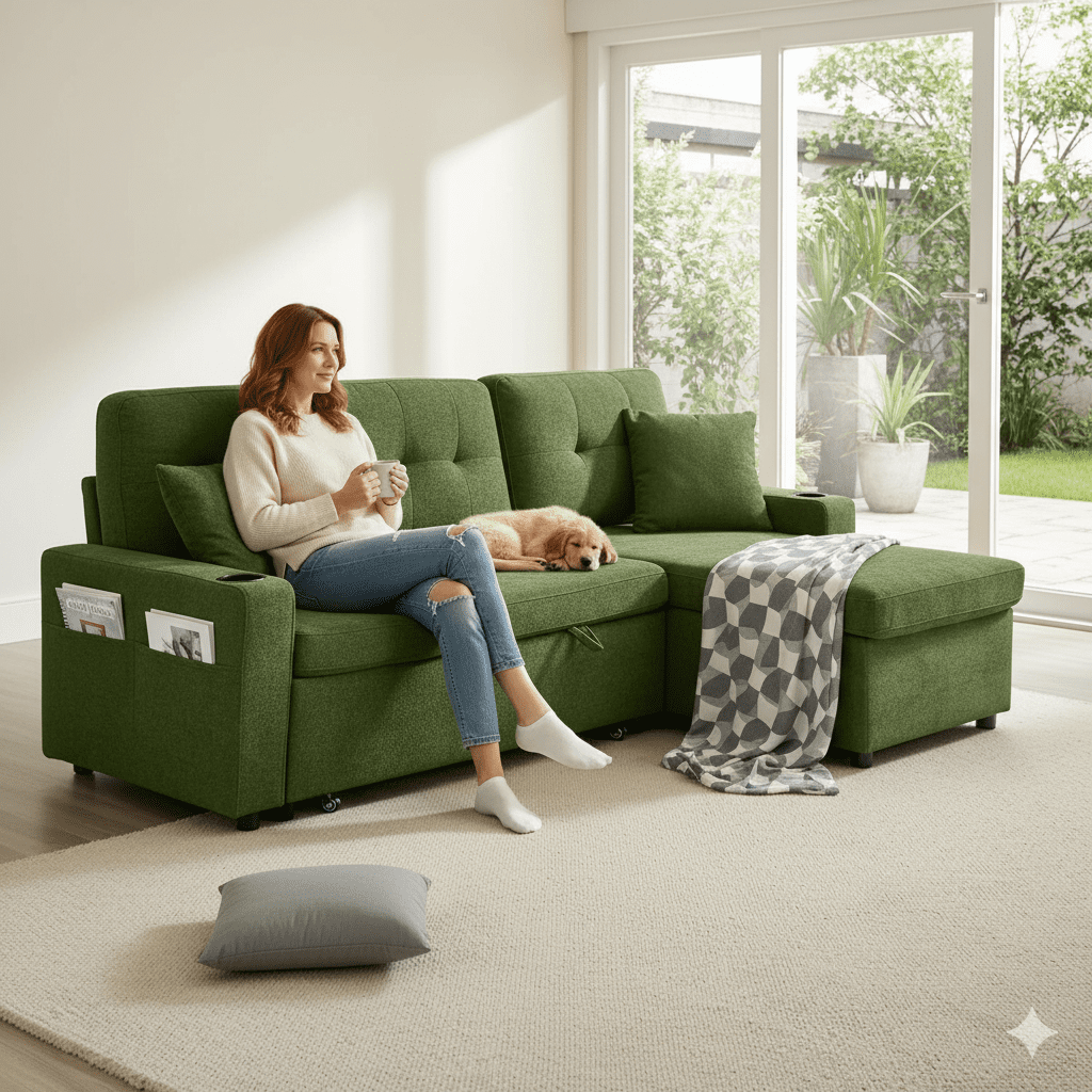 Convertible Sectional Sofa Bed, 82in Sleeper Sofa Bed with Storage Chaise for Living Room, Pull Out Couch L Shaped Couch with USB Charging Port, Cup Holder, Removable Backrest, Teddy Fabric, Green