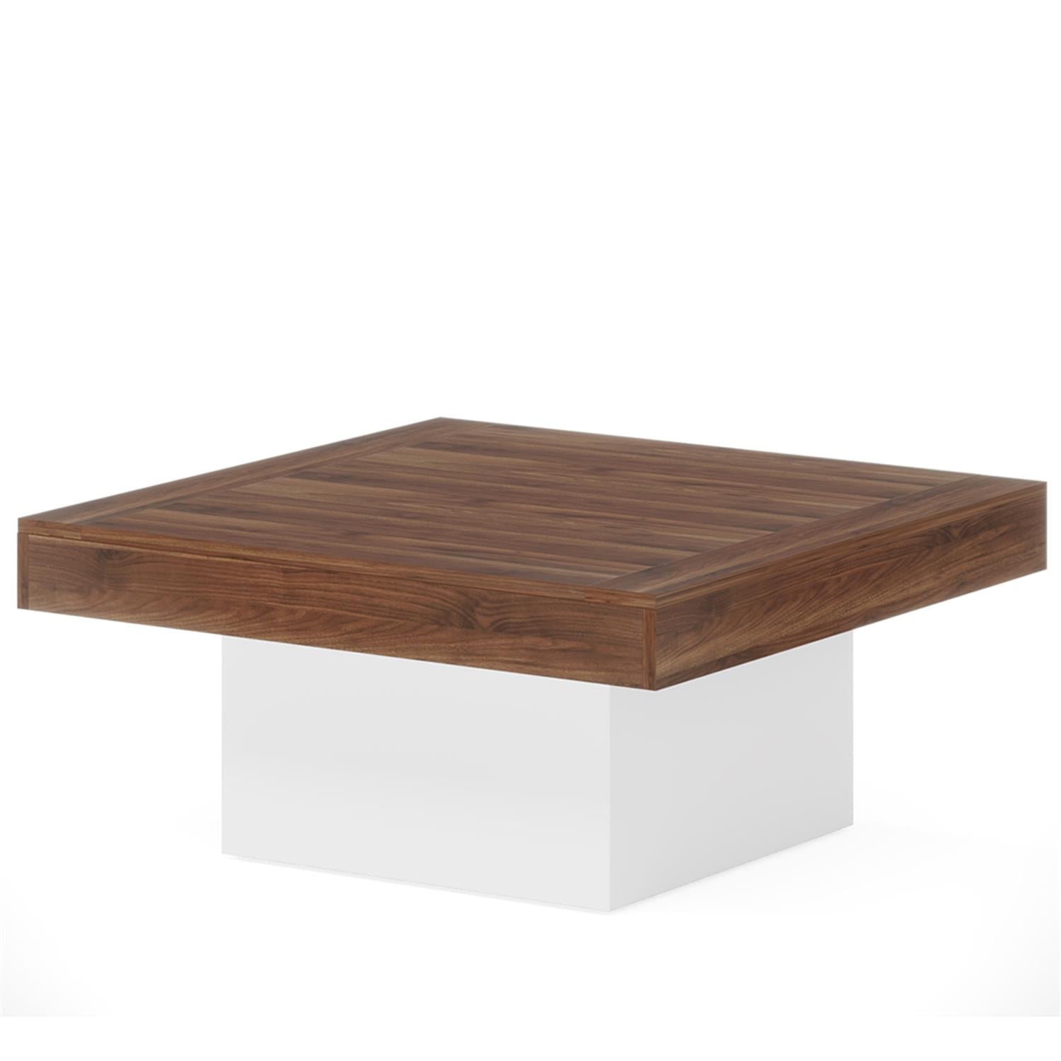 Demi Bonn Square Coffee Table, Farmhouse Wood Cocktail Table with LED Light for Living Room, Brown + White