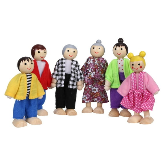 Kids Girls 6-Piece Wooden Family Dolls Playset With Movable Joints, Educational Toys For Children Dollhouse Pretend Play Gift, Natural Wood Safe Environmental