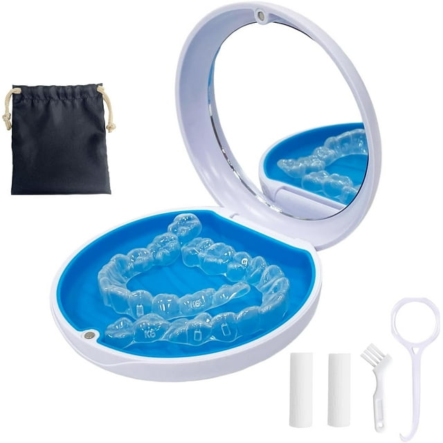 Étui de Rétention, Étui d'Alignateur avec Miroir, Support Rond de Rétention avec Outil de Retrait d'Aligner, Brosse et Mâcher, Ensembles de Sacs de Corde (Blanc Extérieur Bleu Intérieur)