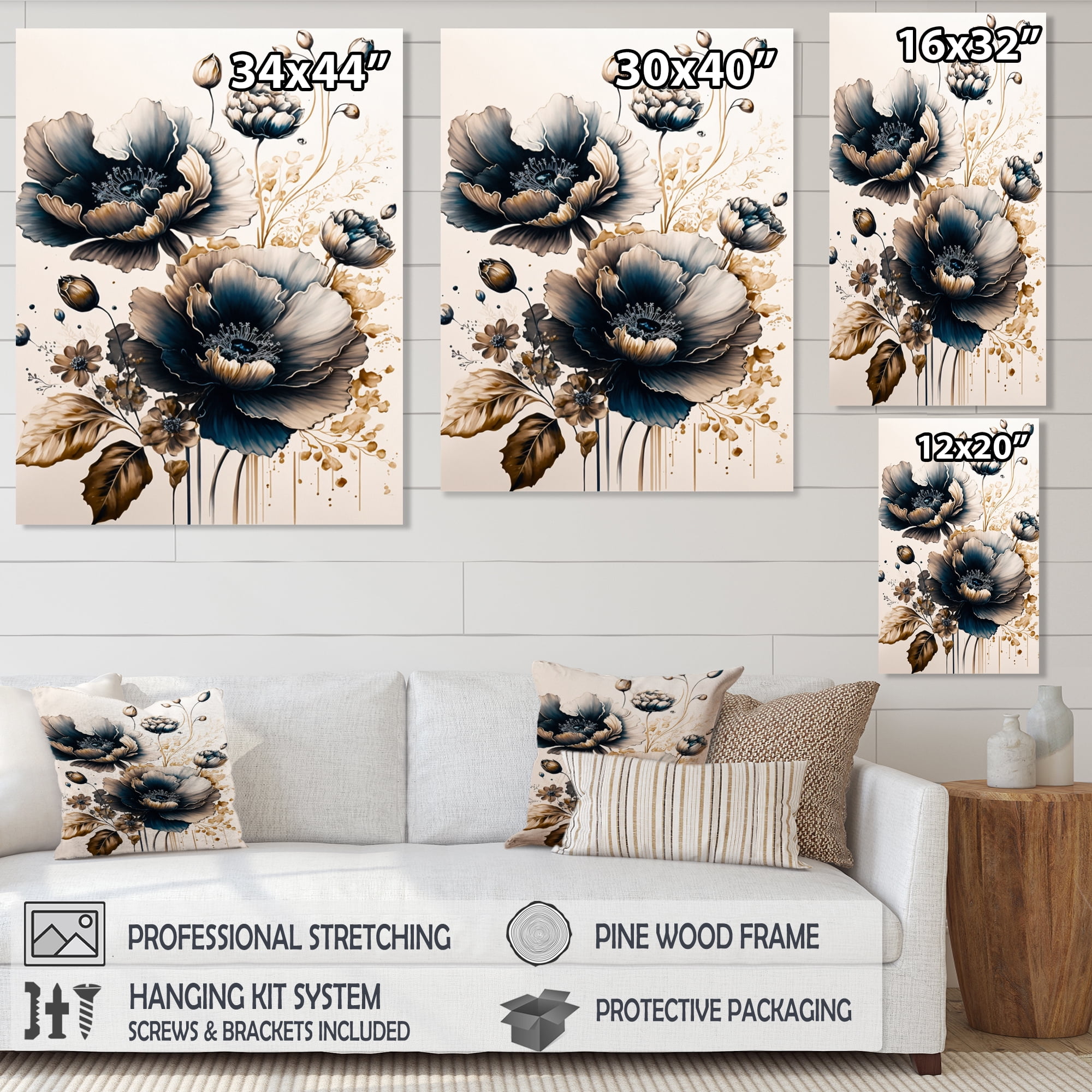 Designart Navy Blue And Gold Poppy Flowers I Canvas Wall Art