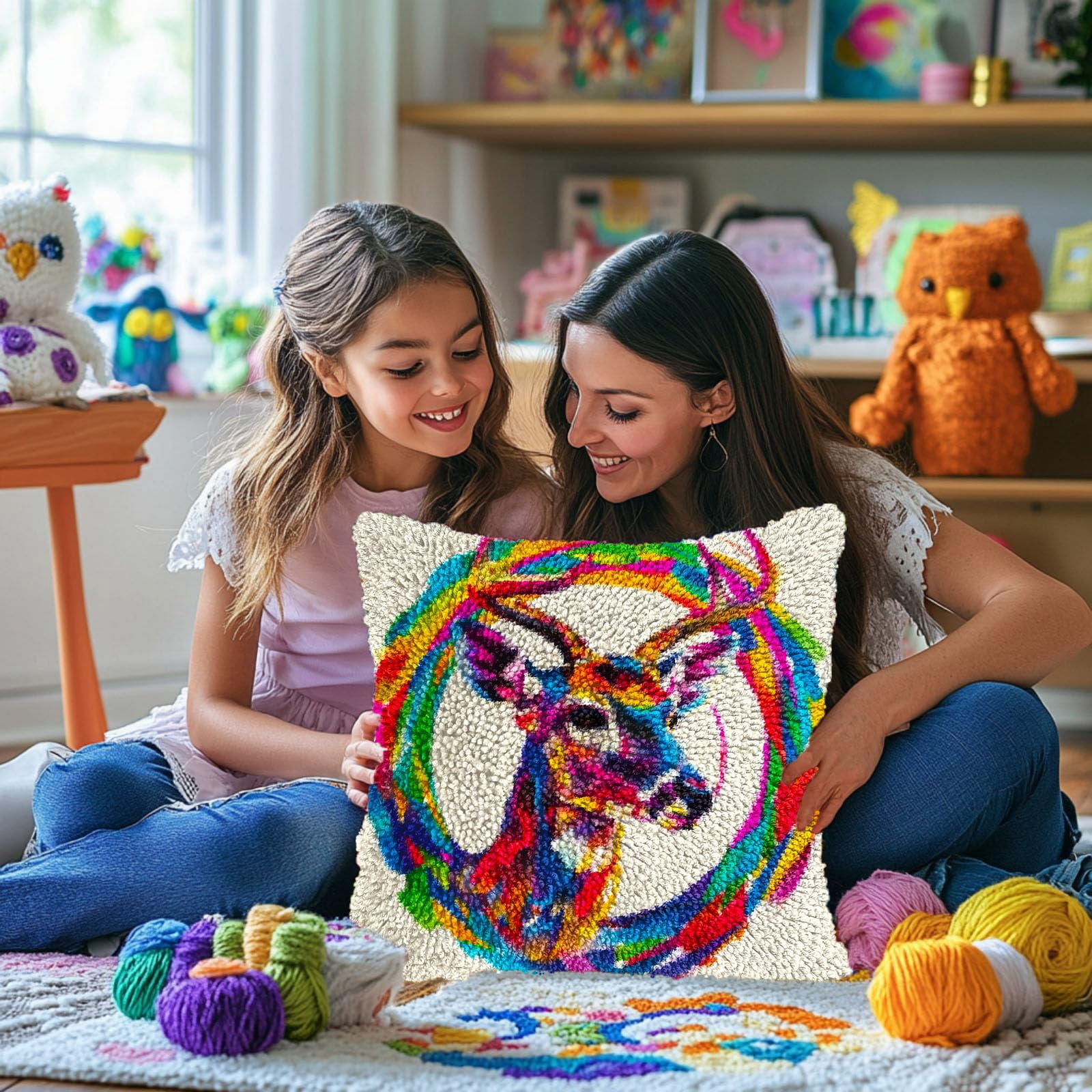 Colorful Reindeer Elk in Cirle DIY Latch Hook Pillow Kits for Adults Printed Pillowcase Crochet Yarns Hooking Handmade Pillow Cover Cushion for Home Sofa Decoration 17x17inch