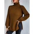 thumbnail image 3 of FEORJGP Women's Autumn Winter Sweater Long Sleeve Turtleneck Knit Pullover Solid Color Split Hem Long Knitwear Jumper Loose Casual Cozy Tops, 3 of 8