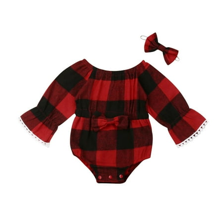 

Christmas Newborn Baby Girls Plaids Bowknot Romper Jumpsuit Bodysuit Headband Clothes