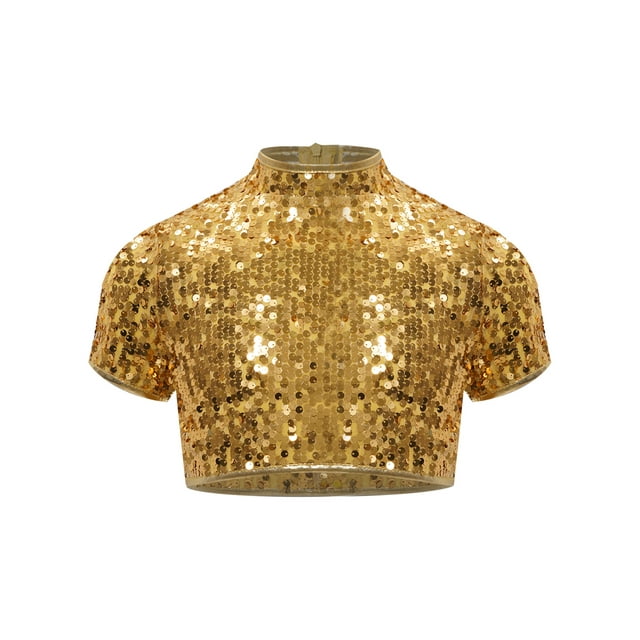 renvena Filles Enfants T-Shirt Court à Manches Courtes Scintillant Col Montant T-Shirt à Paillettes Scintillantes Cheerleading Or 10