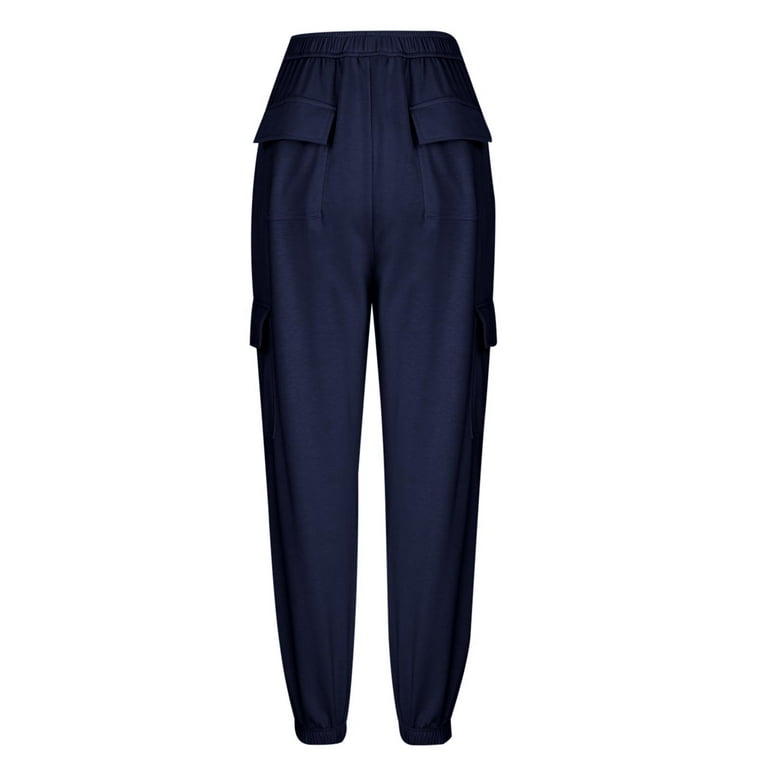 Sweatpants for women Casual Trousers High Waist Drawstring With  Multi-Pockets Long Pants wide-legged pants Loose Casual Pants Navy S