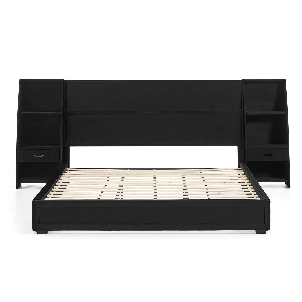 Queen/King Size Modern Upholstered Platform Bed Frame, Velvet Storage Bed with Headboard, Side Bookcases & Drawers Nightstand