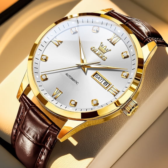 OLEVS Automatic Watches for Men Self Winding Mechanical Classic Dress Multi Calendar Luminous Two Tone Pu Leather Fashion Mens Wrist Watches Reloj Para Hombre