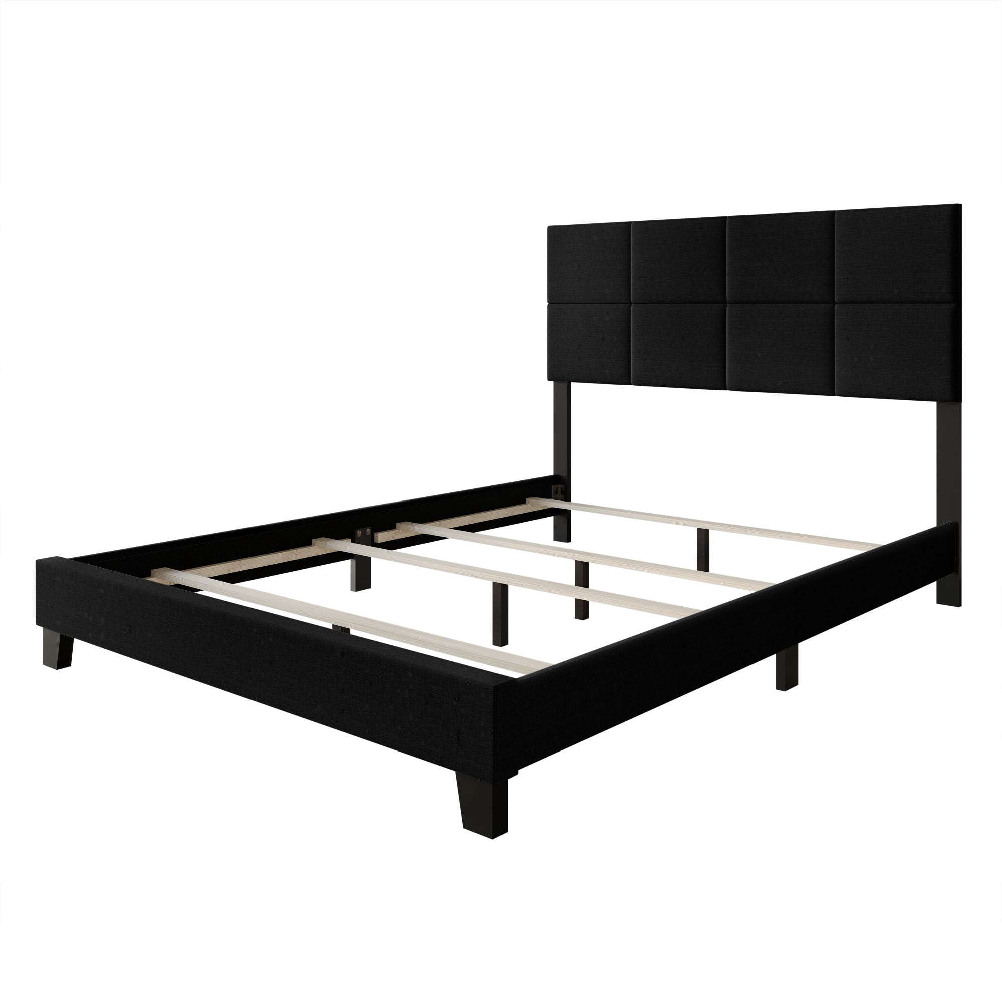 Home Design Lufkin King Upholstered Panel Bed Frame with Checkered Tufted Headboard & Foam-Filled Comfort, Black, Easy Assembly