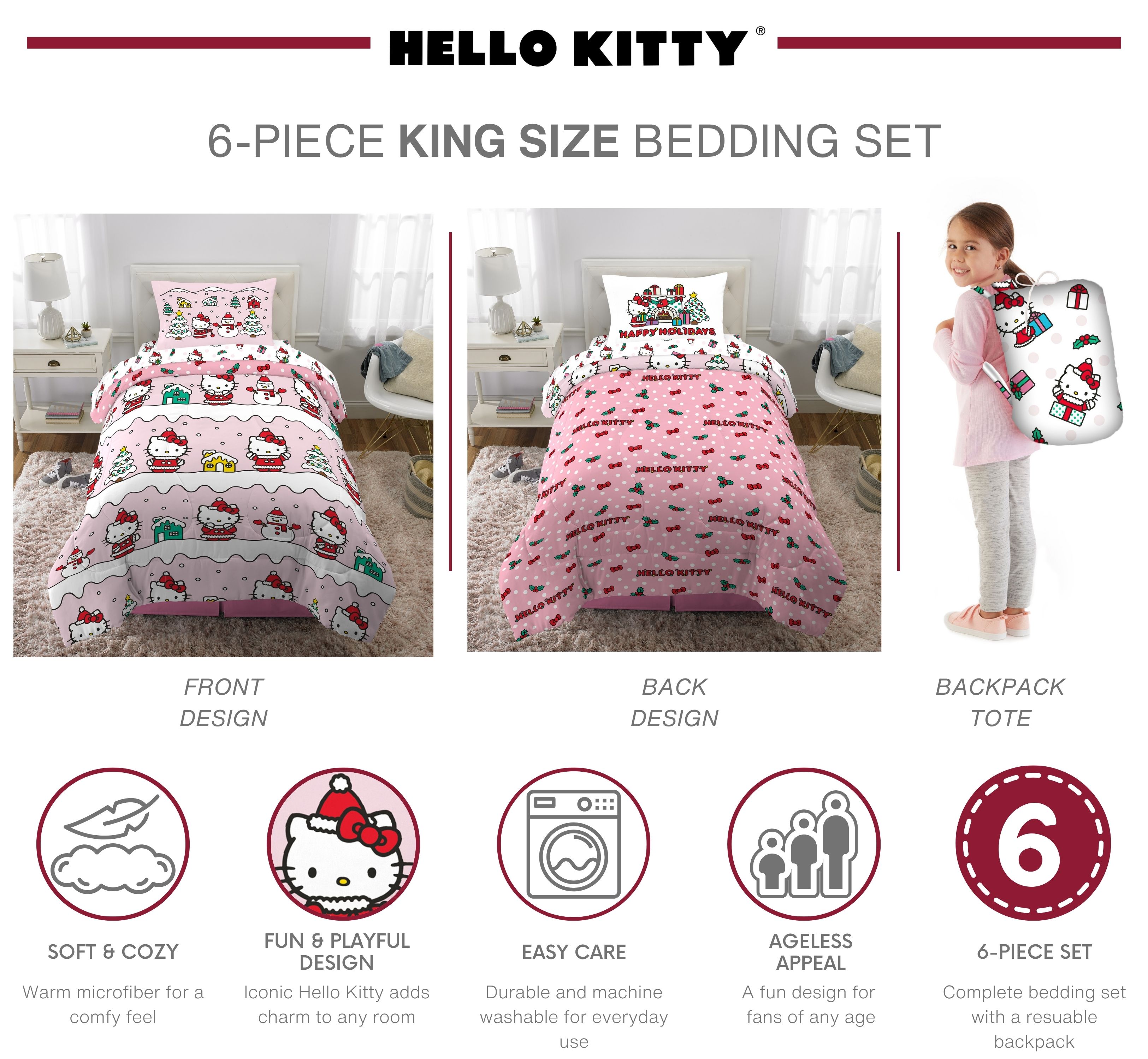 Hello Kitty Holiday Kids 6 Piece Reversible Comforter, Bed in a Bag, King