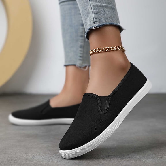 EliteGoogv Womens Casual Slip On Sneakers Canvas Flat Shoes For Women Breathable Everyday Walking Footwear Black US:7