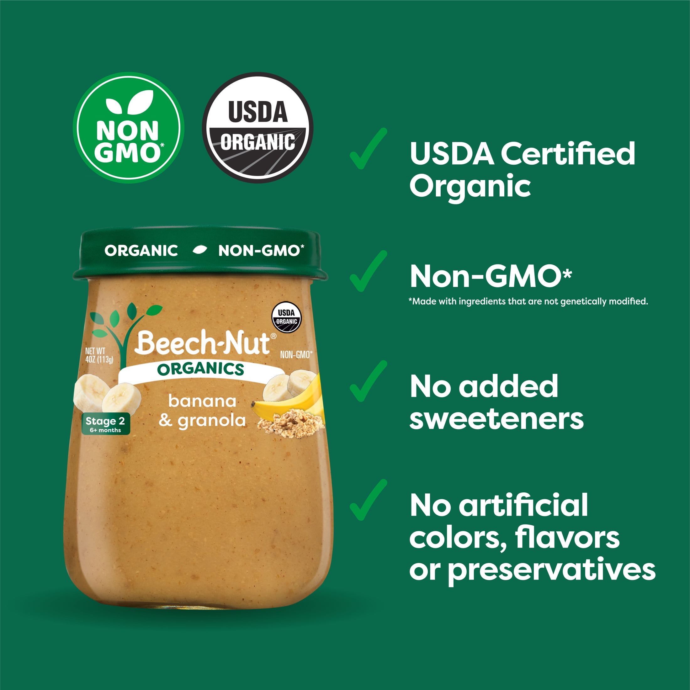(4 pack) Beech-Nut Organics Stage 2 Organic Baby Food, Banana & Granola, 4 oz Jar
