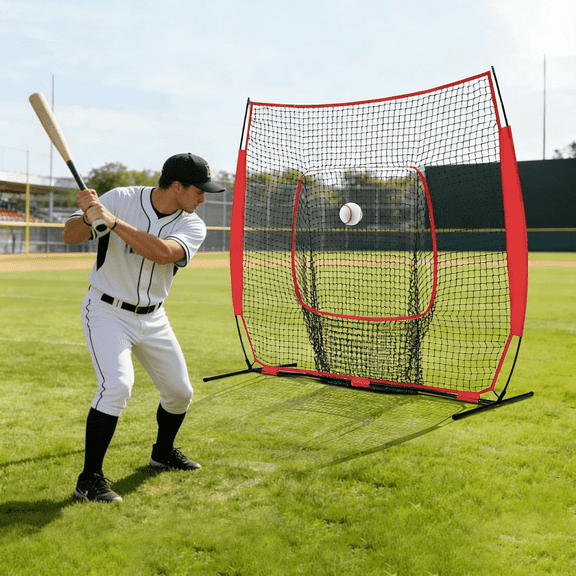 7 ft x 7 ft Baseball Softball Practice Net with Bow Frame & Strike Zone Target, Heavy Duty Hitting Pitching Net with Carry Bag for Backyard Training, Red