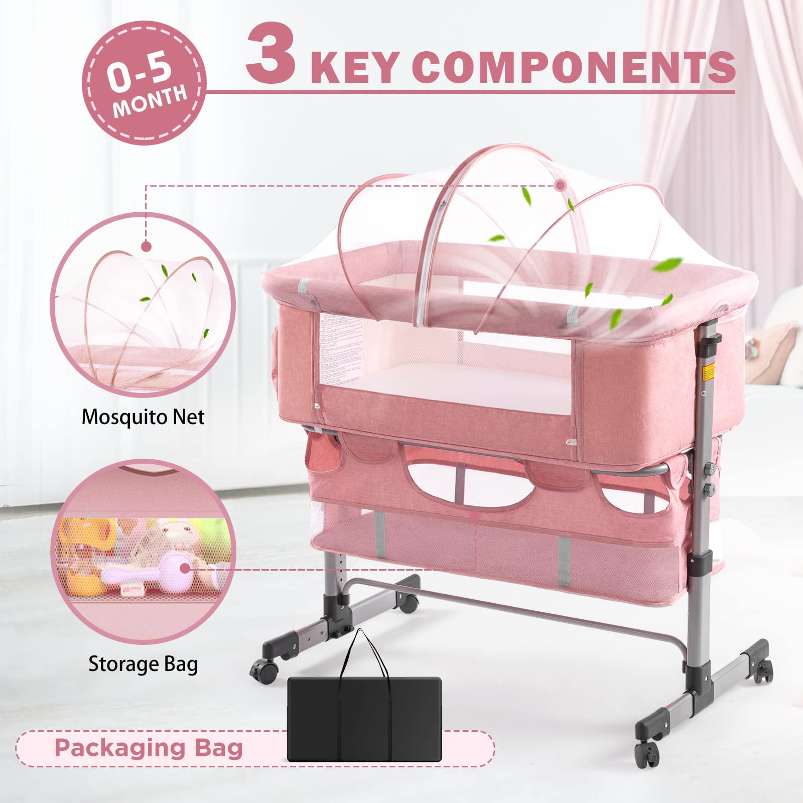 NEWLAKE 3 in 1 Bassinet for Baby, Height Adjustable Bedside Sleeper for Newborn Infant/Baby Boy/Baby Girl (Pink)